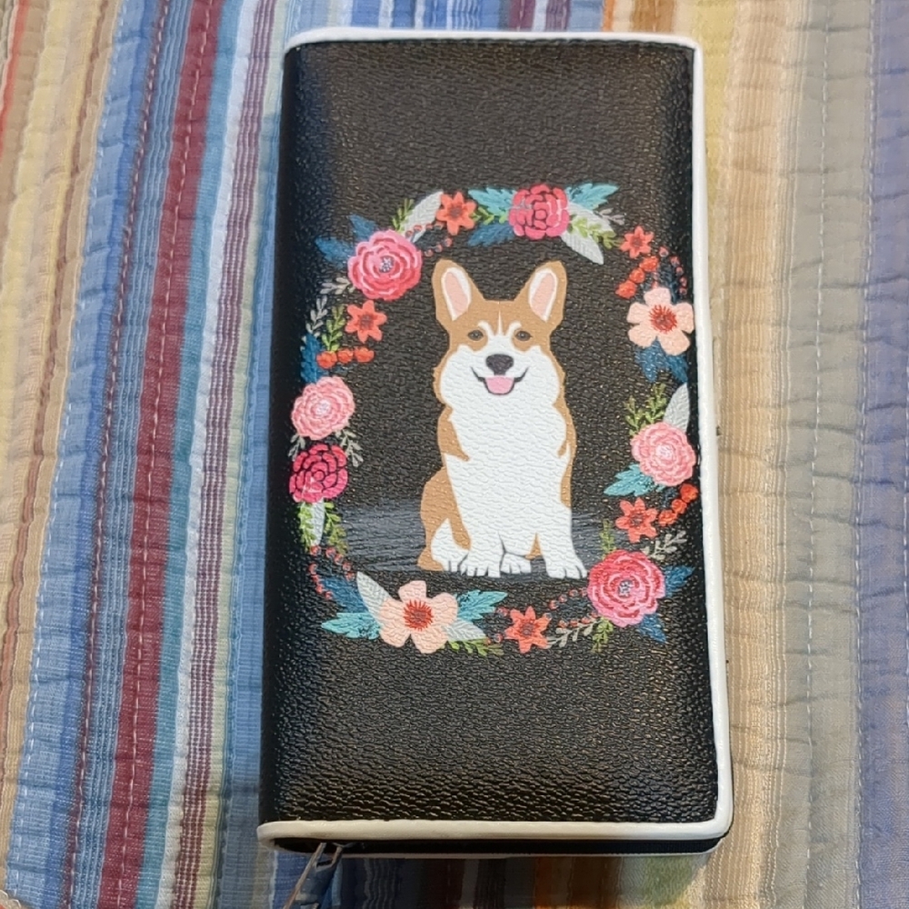 Corgi Floral Dog Wallet - Black and White